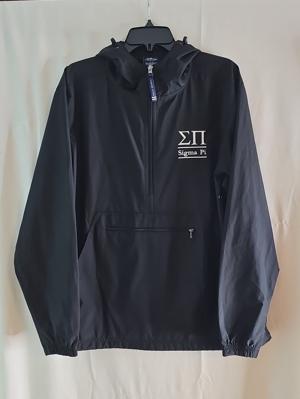 Charles River Apparel Black Hooded Pullover Windbreaker with Sigma Pi Emblem